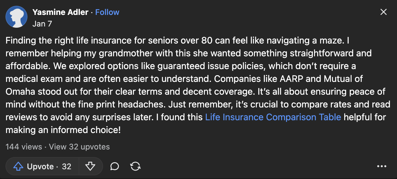 Quora Post Screenshot: American-Amicable vs. Mutual of Omaha Life Insurance